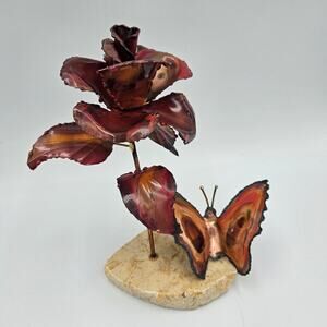 Vintage Metal Rose & Butterfly Sculpture | Organic Modern Floral Decor